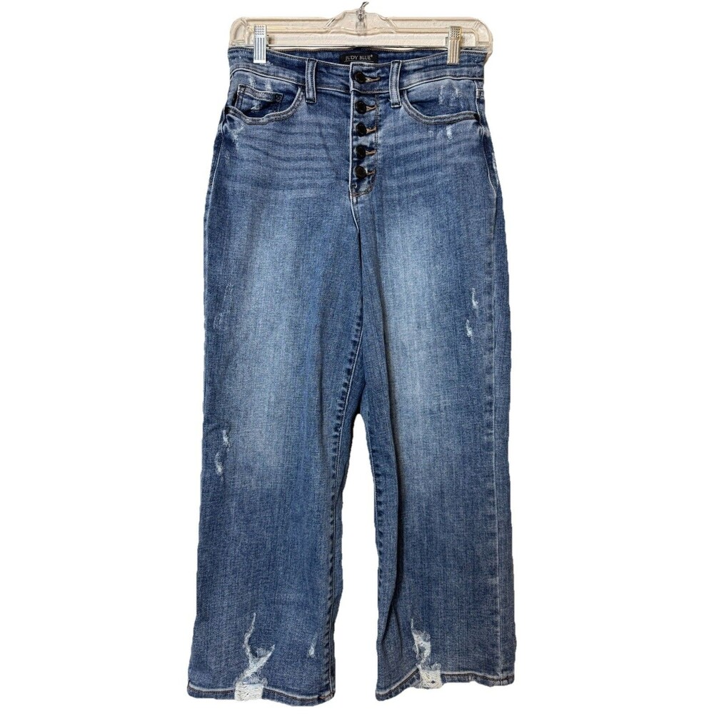 Judy Blue Maddie Wide Leg Cropped Jeans Blue Button-Fly Distressed Women’s 3/26
